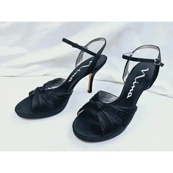 Nina Size 8.5M Women's Black Luster "Cupcake" Open Toe Ankle Strap Pumps - Picture 12 of 15